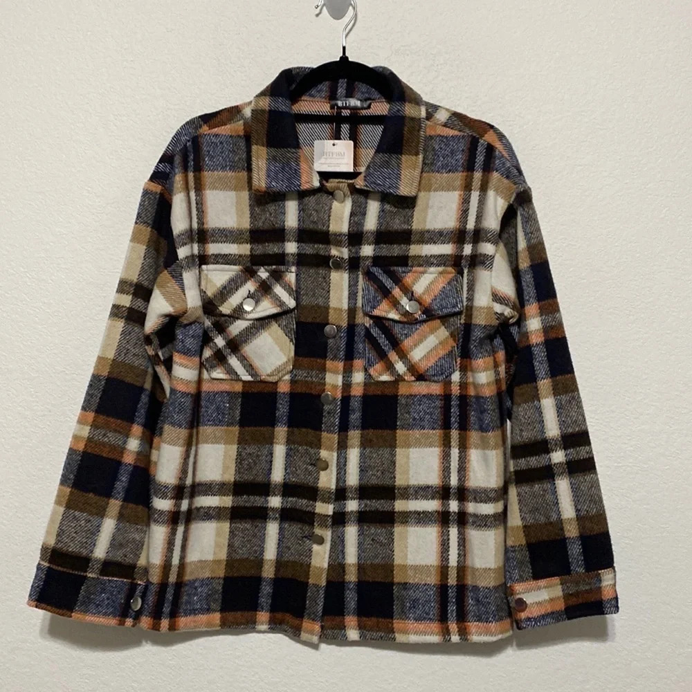 BTFBM Boutique NEW Plaid Flap Pocket Drop Shoulder Open Front Shacket Size S - Picture 4 of 10